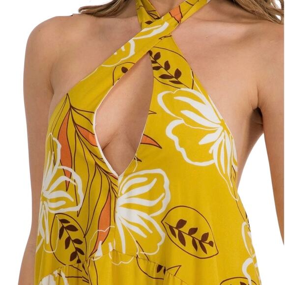 Mustard Yellow Boho Floral Backless Halter Tie Tiered Maxi Sundress Small New - Picture 2 of 14